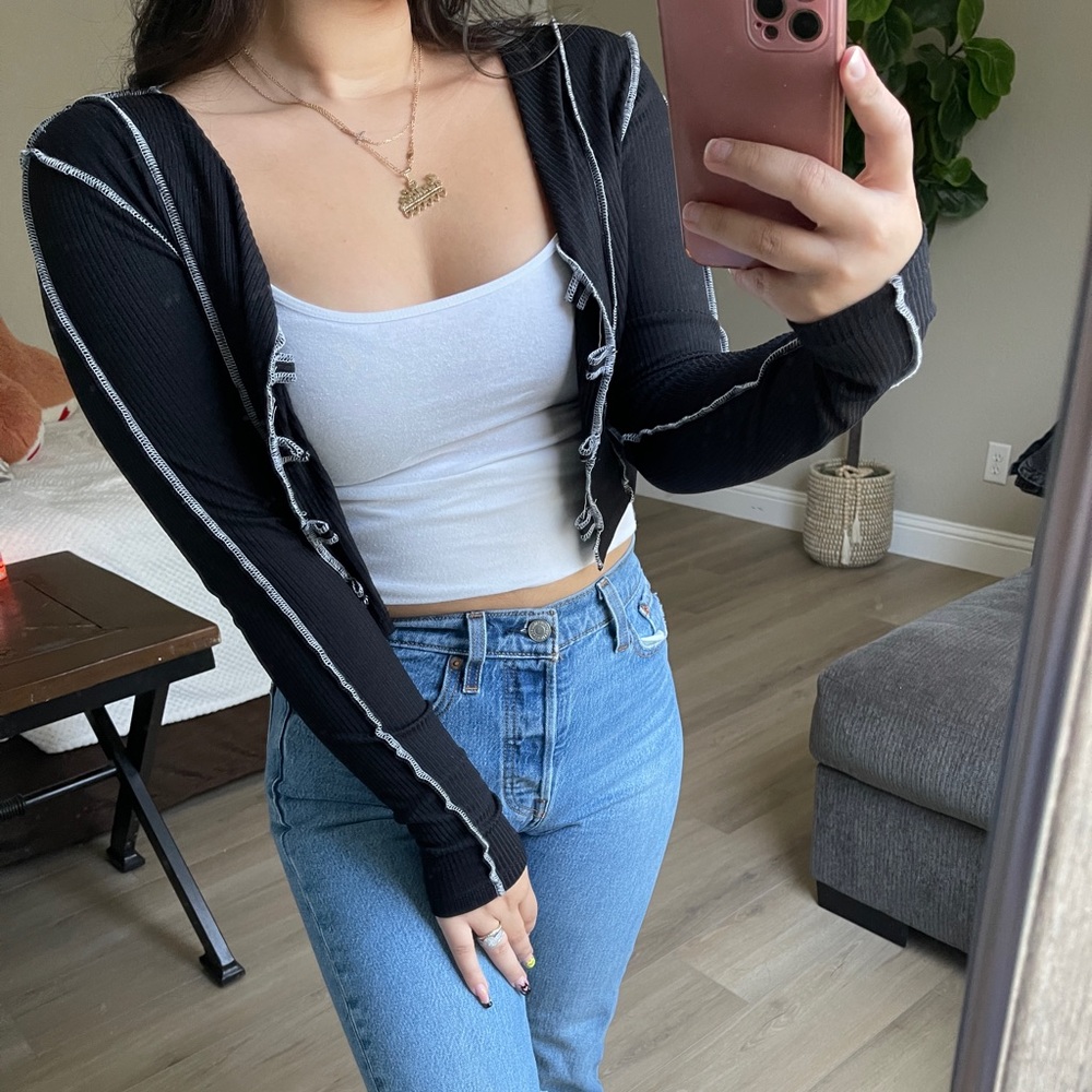 Black white trim thin cardigan